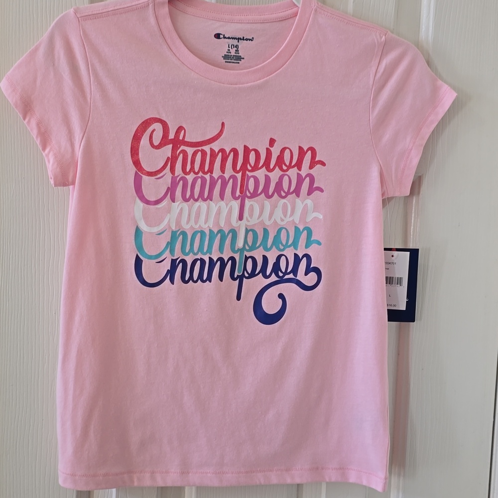 CHAMPION BRAND GIRL'S SIGNATURE PINK SHORT SLEEVE T-SHIRT SIZE LARGE 14